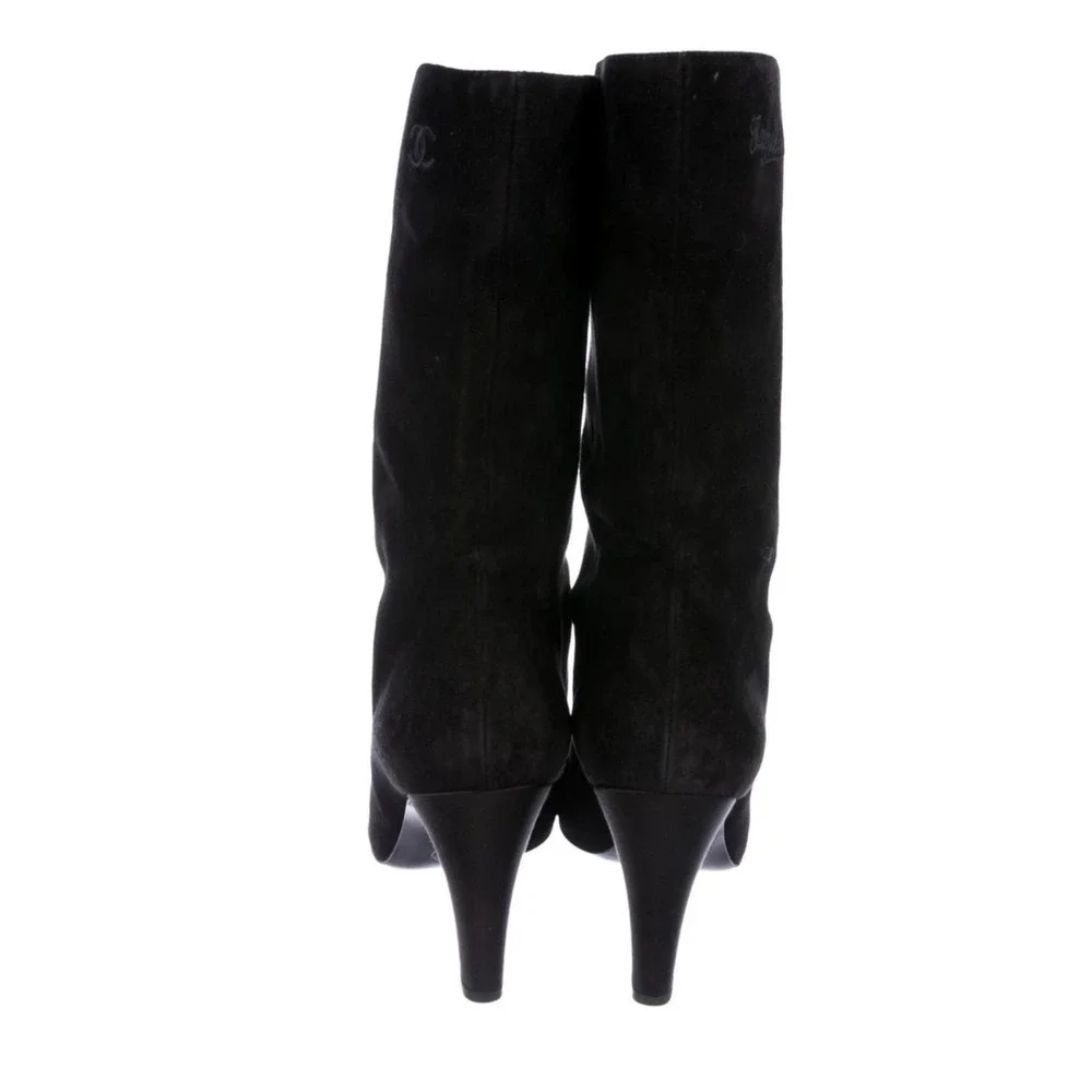 Chanel Black Suede Mid-Calf Boots Pointed Toe CC Logo Heels IT 39 US 9